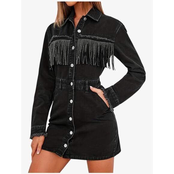 Rhinestone Tassel Raw Hem Long Sleeve Denim Jacket OR Mini Shirt Dress, Medium - Picture 1 of 8